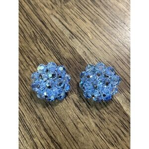Vintage Pearlcraft Blue Crystal Aurora Borealis Cluster Button Clip Earrings EUC